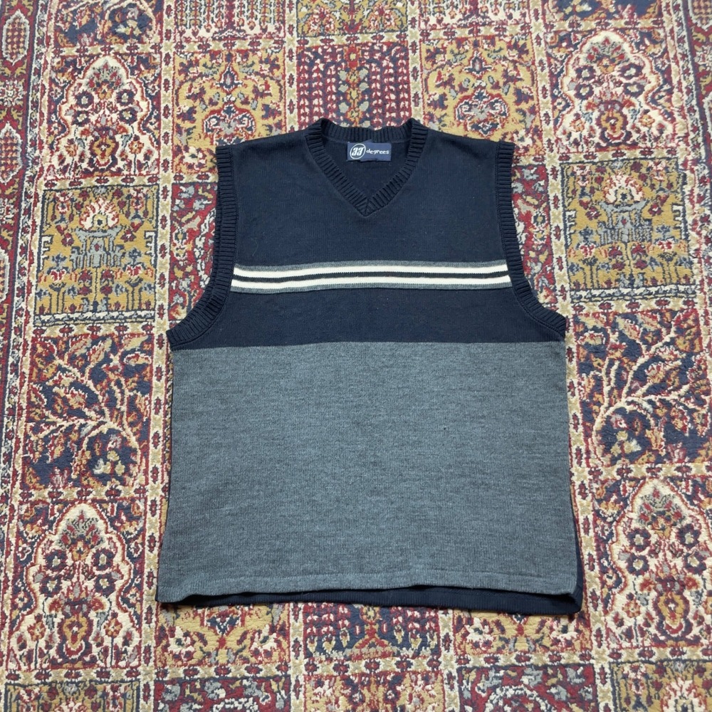 VTG 90s 33 Degrees Mens V‎ Neck Striped Sweater Vest Navy White Grey XL USA